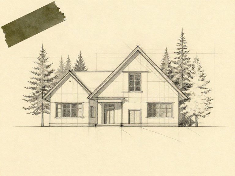 Pencil design sketch of a gabled custom home framed by evergreen trees