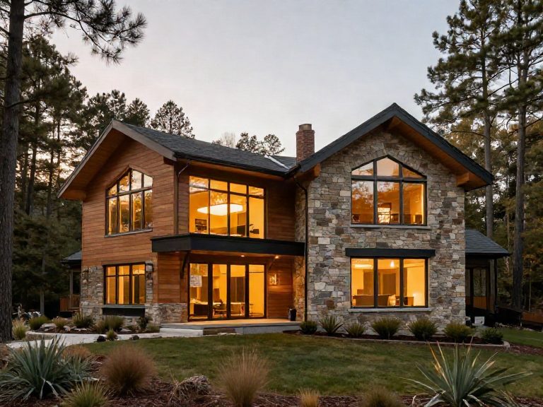 Custom stone and cedar home with glowing windows among pine trees in Berkshire County