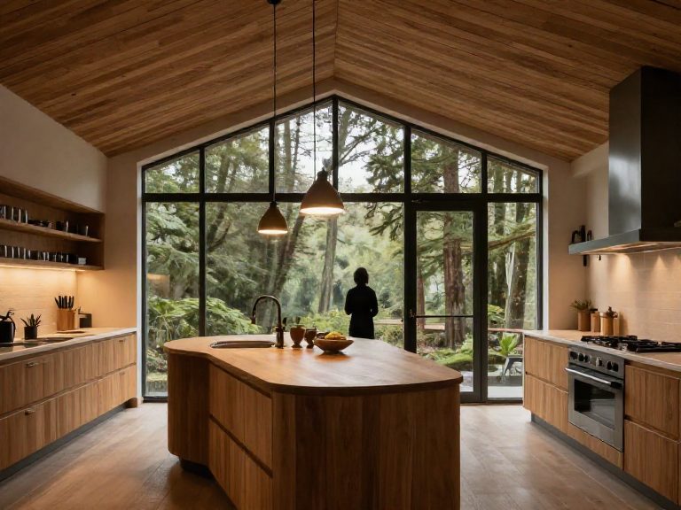 Renovated open kitchen with a curved oak island and floor-to-ceiling windows facing the woods