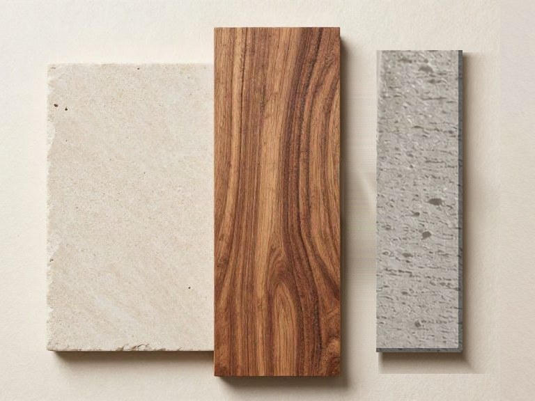 Limestone tile, walnut plank and concrete slab, natural building materials