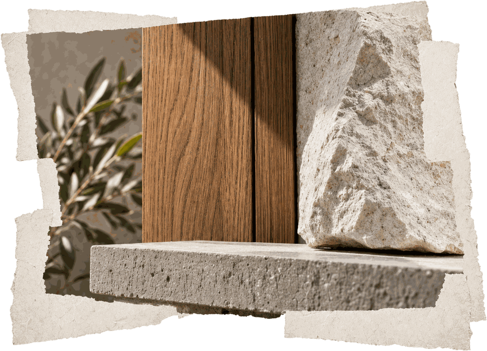 Collage of oak wood paneling, rough-cut limestone and a concrete ledge, the natural materials Keating Builders works with